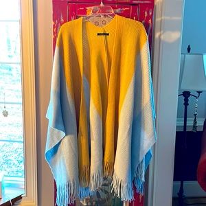 Cute sweater Shaw 2 toned blue gold fringe ends.